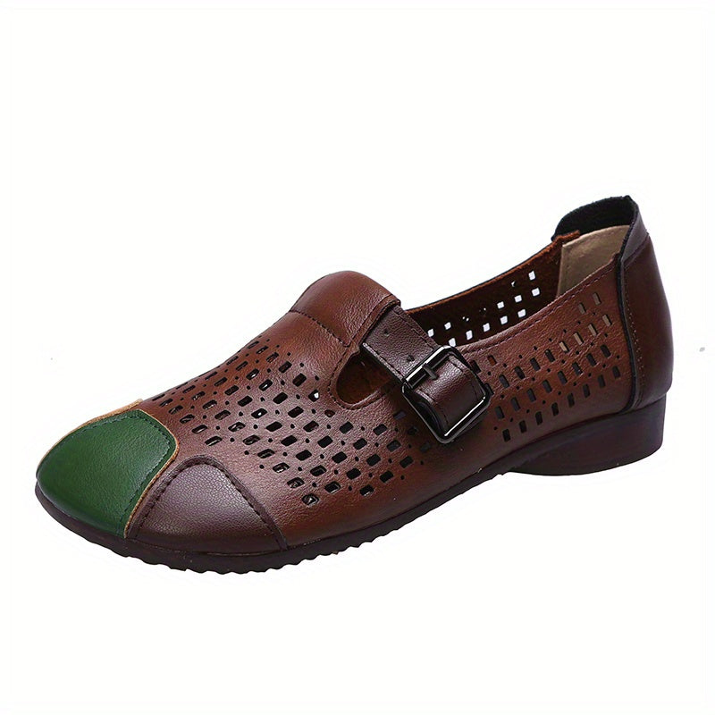 Women's Hollow Out Flat Shoes Colorblock Buckle Strap Round Toe Soft Sole Shoes