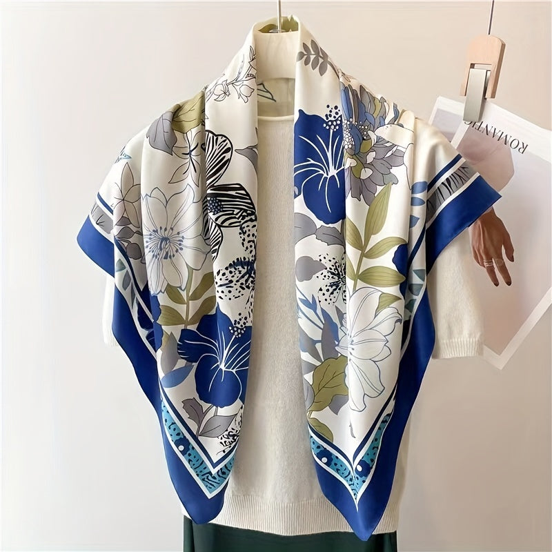 Flower Print Shawl Classic Silk Square Scarf Neckerchief for Women