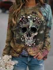 Skull & Floral Print Pullover Sweatshirt for Women
