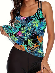 Tropical Print Tankini Set Women's Plus Round Neck Tank Top & Shorts