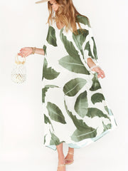 Palm Pattern V Neck Beachdress Loose Kaftan Women's Swimwear
