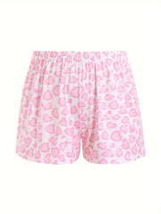 Heart Print Pajamas Set Short Sleeve Tee & Shorts 2 Piece Set