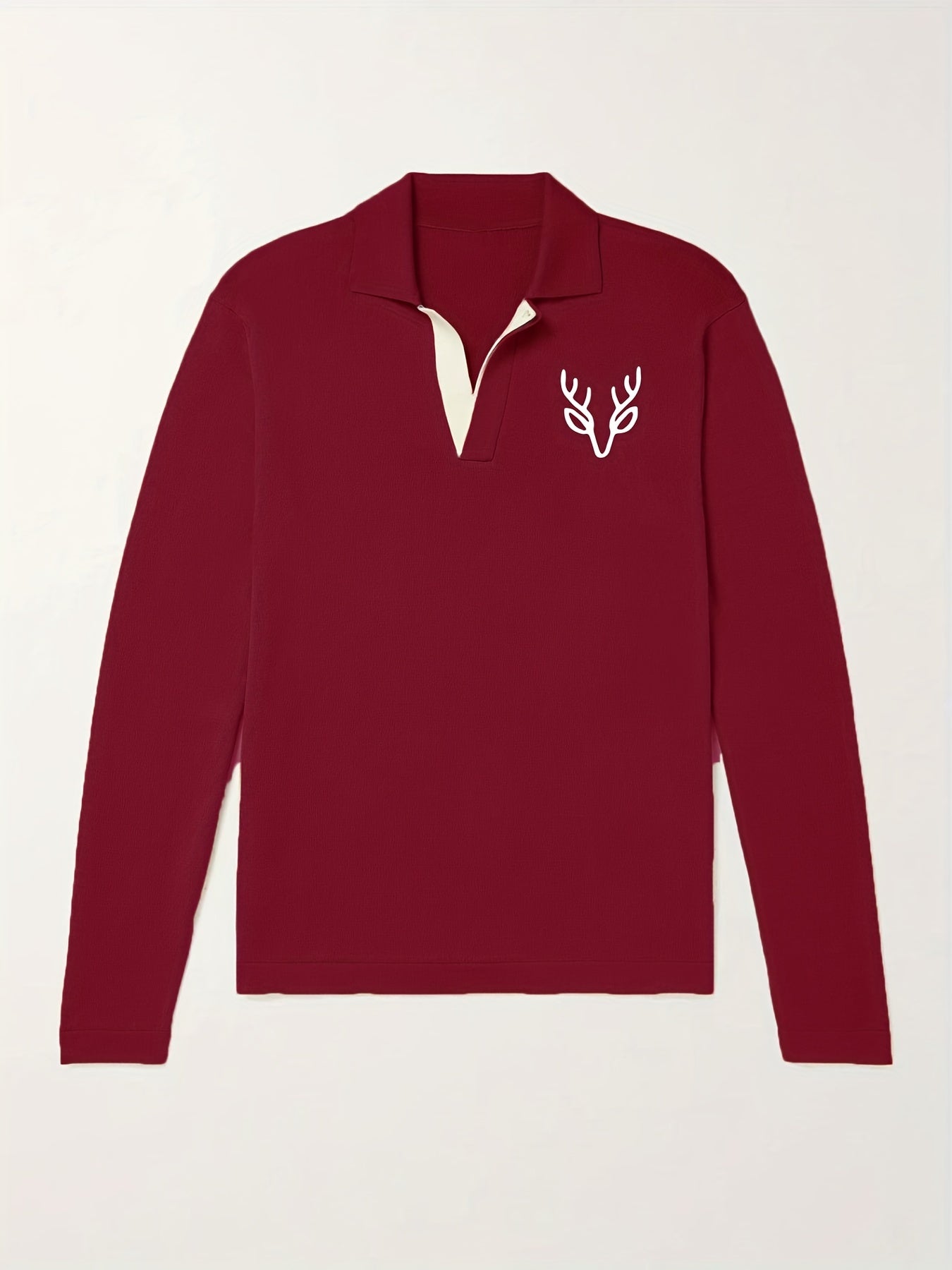 Antlers Pattern Knit Polo Shirt Men's Casual Lapel Middle Stretch V Neck Pullove