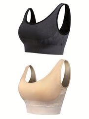 2 Pack Plus Size Striped Print Sporty Bra Set Women's Plus Stretchy