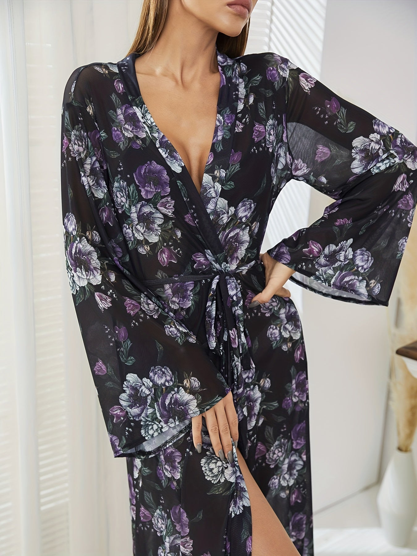 Floral Print Mesh Night Robe Long Sleeve V Neck Belted Women's Lingerie