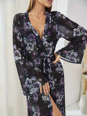 Floral Print Mesh Night Robe Long Sleeve V Neck Belted Women's Lingerie