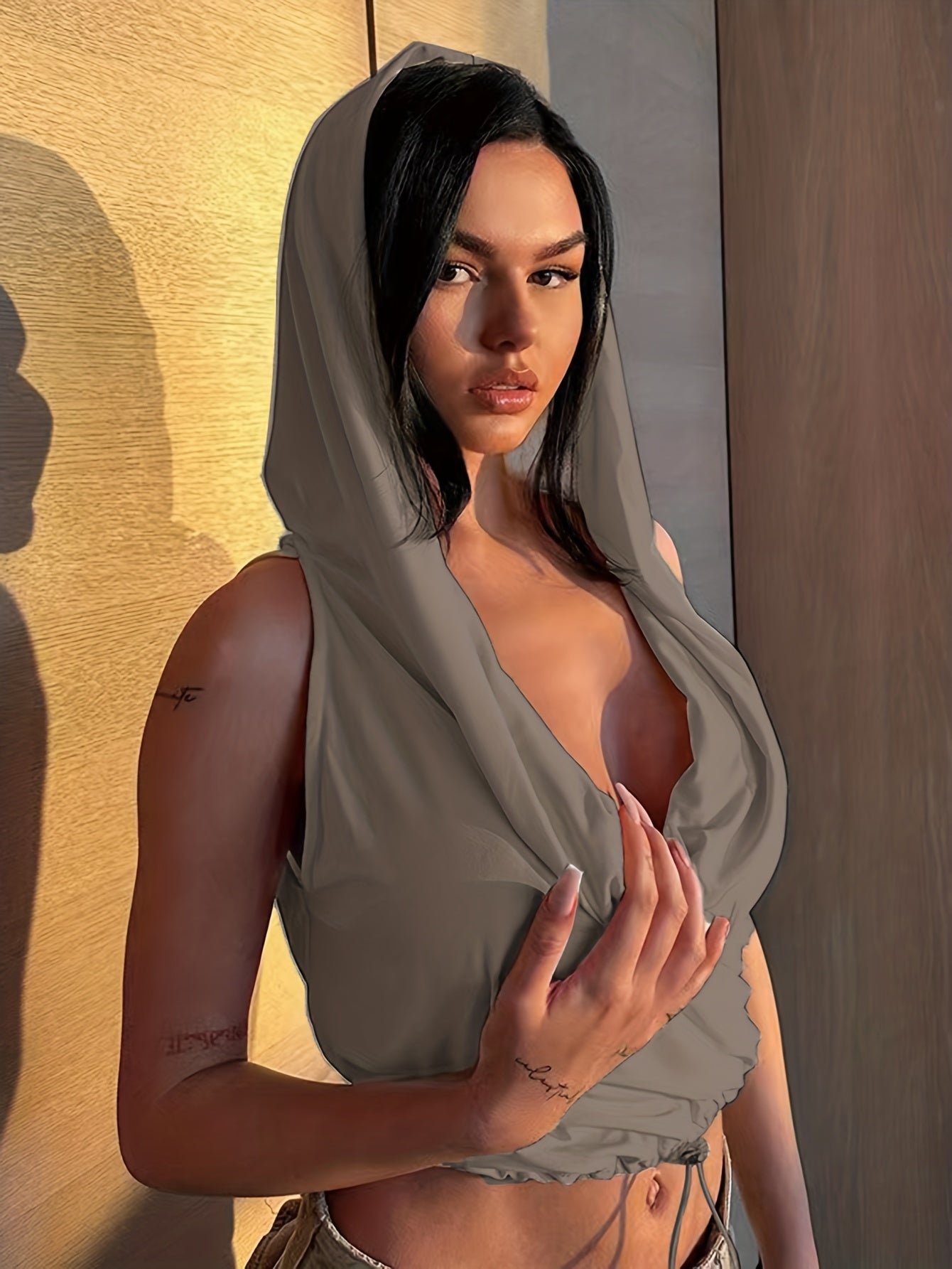 Sleeveless Crop Top Hoodie Solid Casual Top