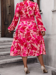 Women's Floral Print Lace Trim Lantern Sleeve V Neck A-line Dress