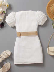 Toddler Girls Puff Sleeve Ribbed Knit Dress for Party