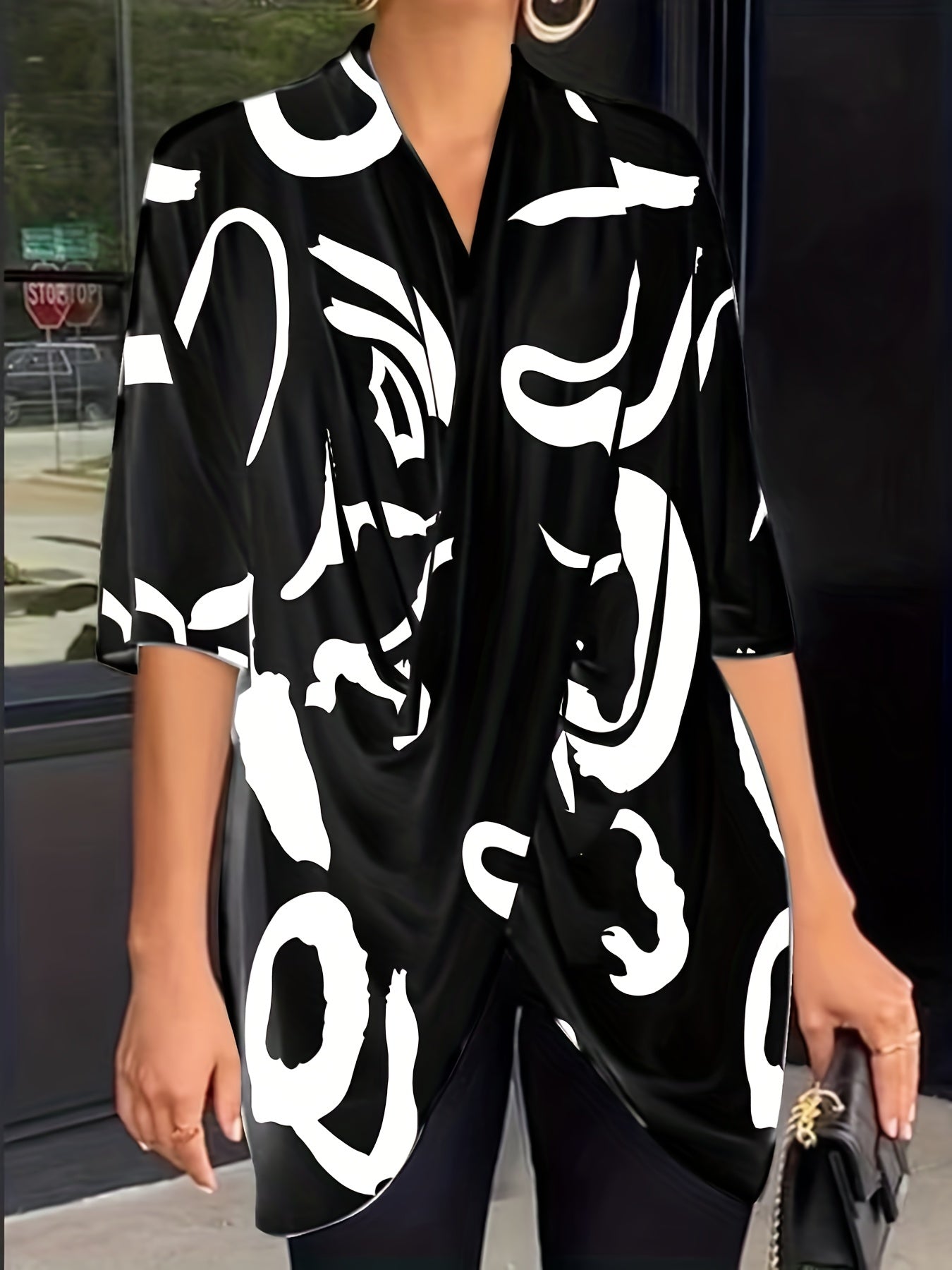 Graffiti Print V Neck Top