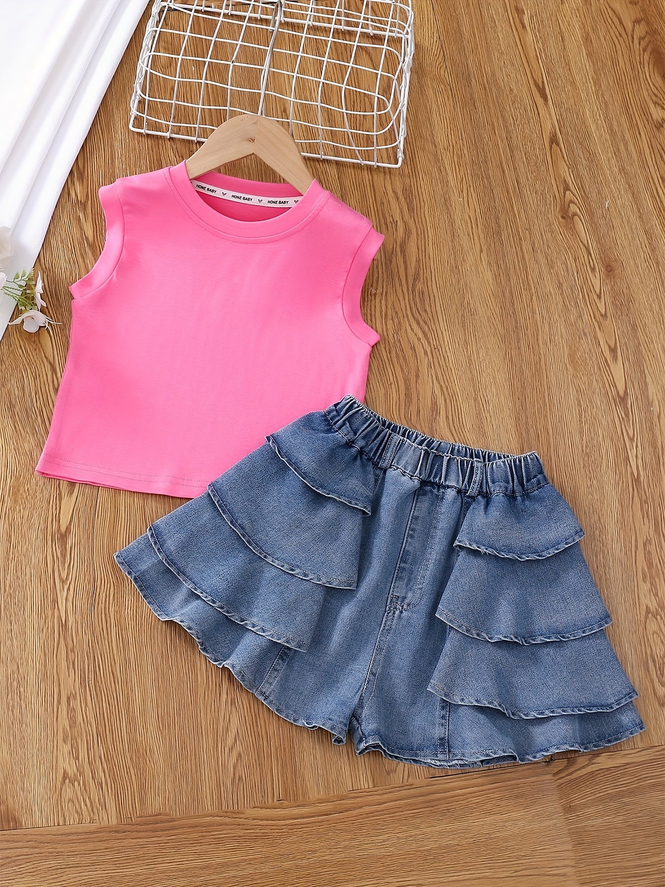 Girls Sleeveless Denim Vest Top and Cake Skort Set