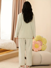 Fuzzy Pajama Set Long Sleeve Top & Elastic Waistband Pants Women's Sleepwear