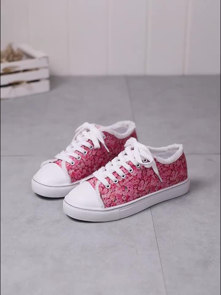 Floral Print Canvas Lace Up Sneakers Comfortable Low Top Shoes