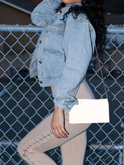 Long Sleeves Denim Jackets Single Breasted Button Non Stretch Lapel Denim Coats