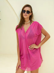 Solid Notched Ring V Neck Cover Up Dress Beachwear Dress