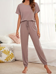 Short Sleeve Crew Neck Top & Lace Up Pants Lounge Set