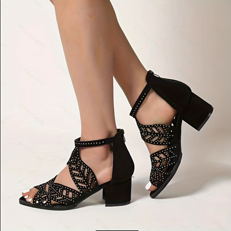 Chunky Heeled Rhinestone Sandals Peep Toe Mid Heels