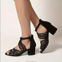 Chunky Heeled Rhinestone Sandals Peep Toe Mid Heels