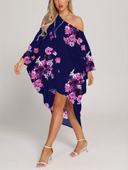 Floral Print Cover Up Dress One Shoulder Asymmetrical Neck Rash Guard Kaftan