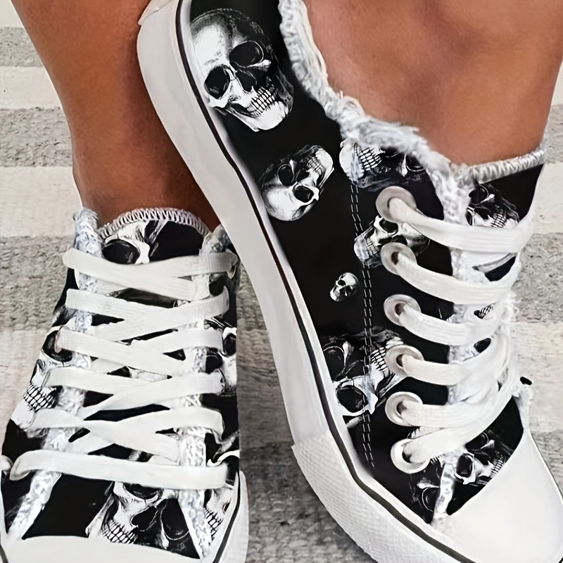 Women's Skull Pattern Lace Up Low Round Toe Lightweight Shoes