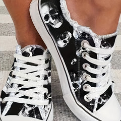 Women's Skull Pattern Lace Up Low Round Toe Lightweight Shoes