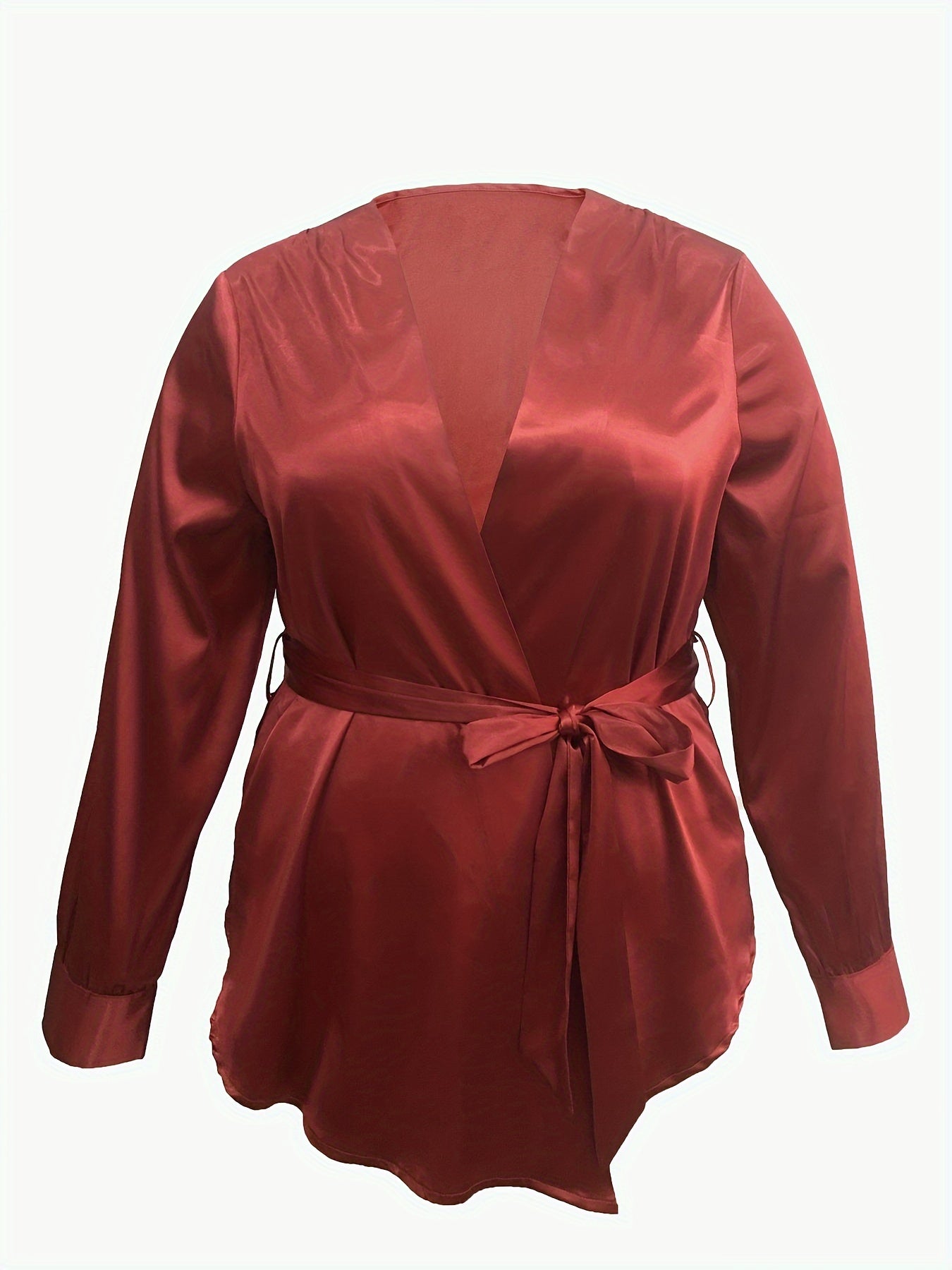 Solid Satin Long Sleeve Top With Belt