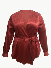 Solid Satin Long Sleeve Top With Belt