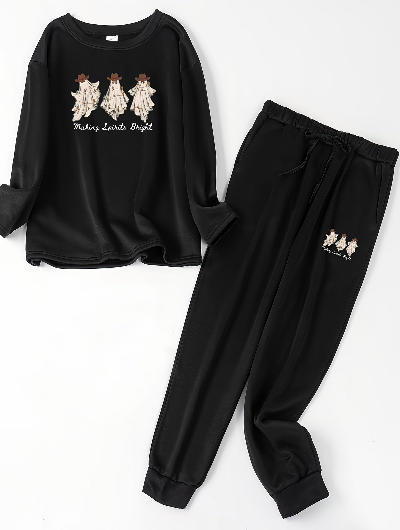 Ghost & Slogan Print Loungewear Set - Long Sleeve Fleece Top & Pants