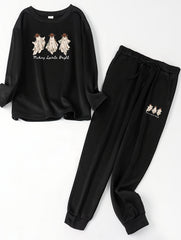 Ghost & Slogan Print Loungewear Set - Long Sleeve Fleece Top & Pants