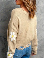 Floral Print Sweater Round Neck Pullover Crop Jumper