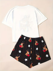 Christmas Print Lounge Set Short Sleeve Top & Shorts Women's Sleepwear