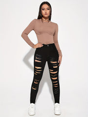 High Waist Skinny Jeans Distressed Denim Pants