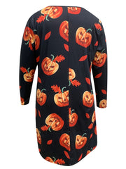 Plus Size Pumpkin & Leaf Print Long Sleeve Dress