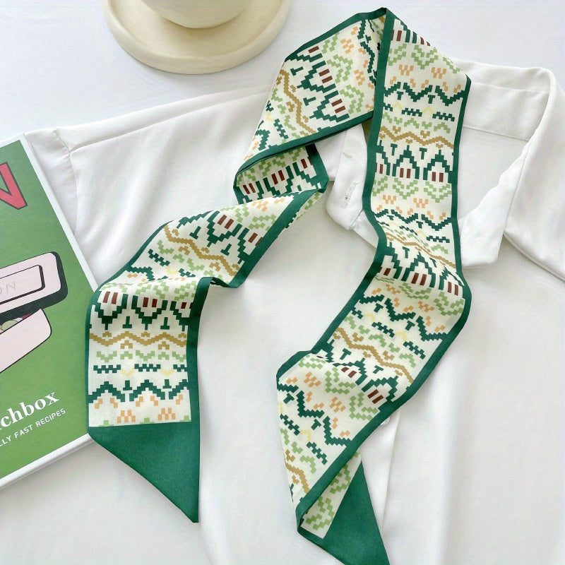 Green Casual Twilly Scarf Classic Print Ribbon Scarf Hair Tie