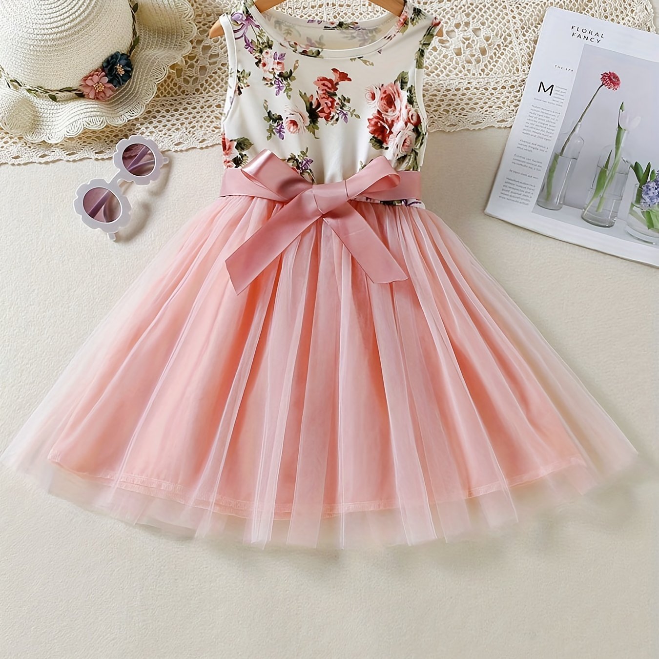 Girls Boho Floral Tank Dress With Band Belt Princess Dress