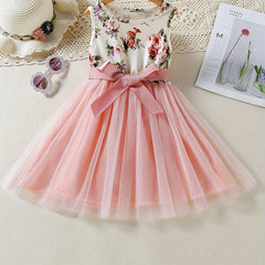 Girls Boho Floral Tank Dress With Band Belt Princess Dress