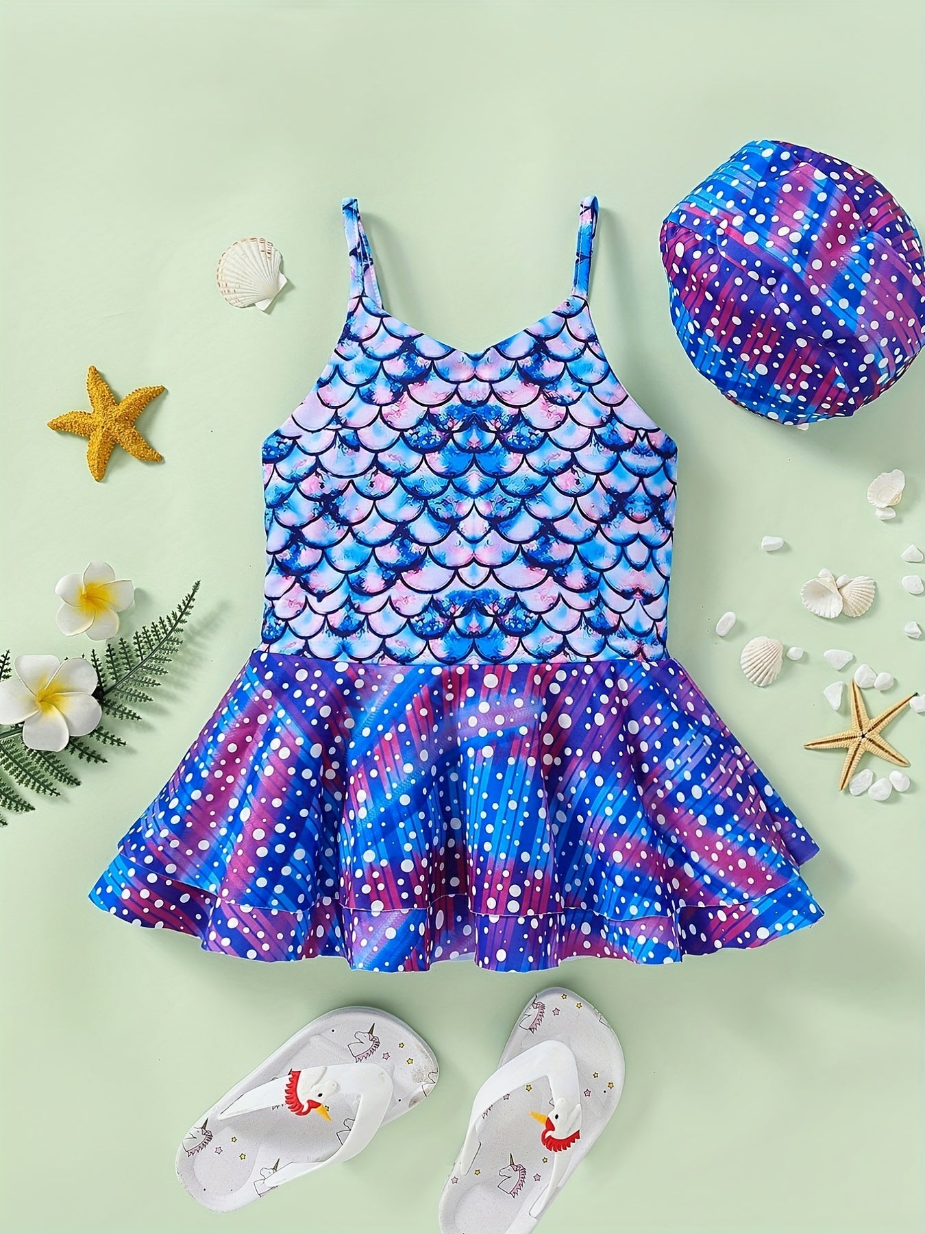2pcs Toddler Girls Starry Polka Dot Swimsuit Set with Swimming Cap