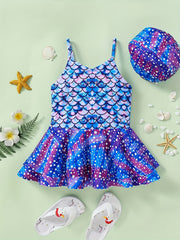 2pcs Toddler Girls Starry Polka Dot Swimsuit Set with Swimming Cap