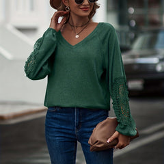 Women's Hollow Out V Neck Lace Panel T-shirt