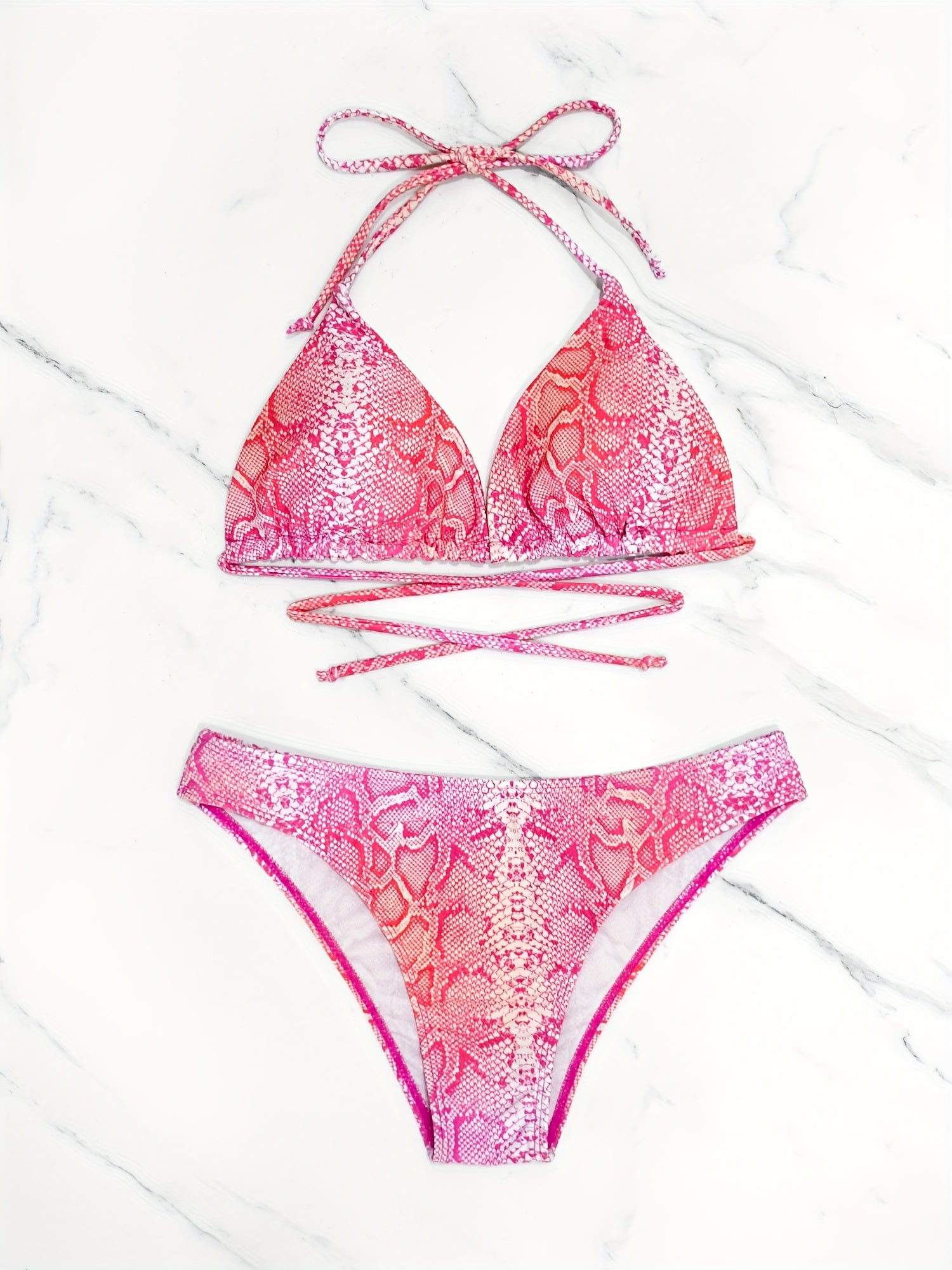 Snakeskin Print Bikini Set with Cover Up Skirt Swimsuit