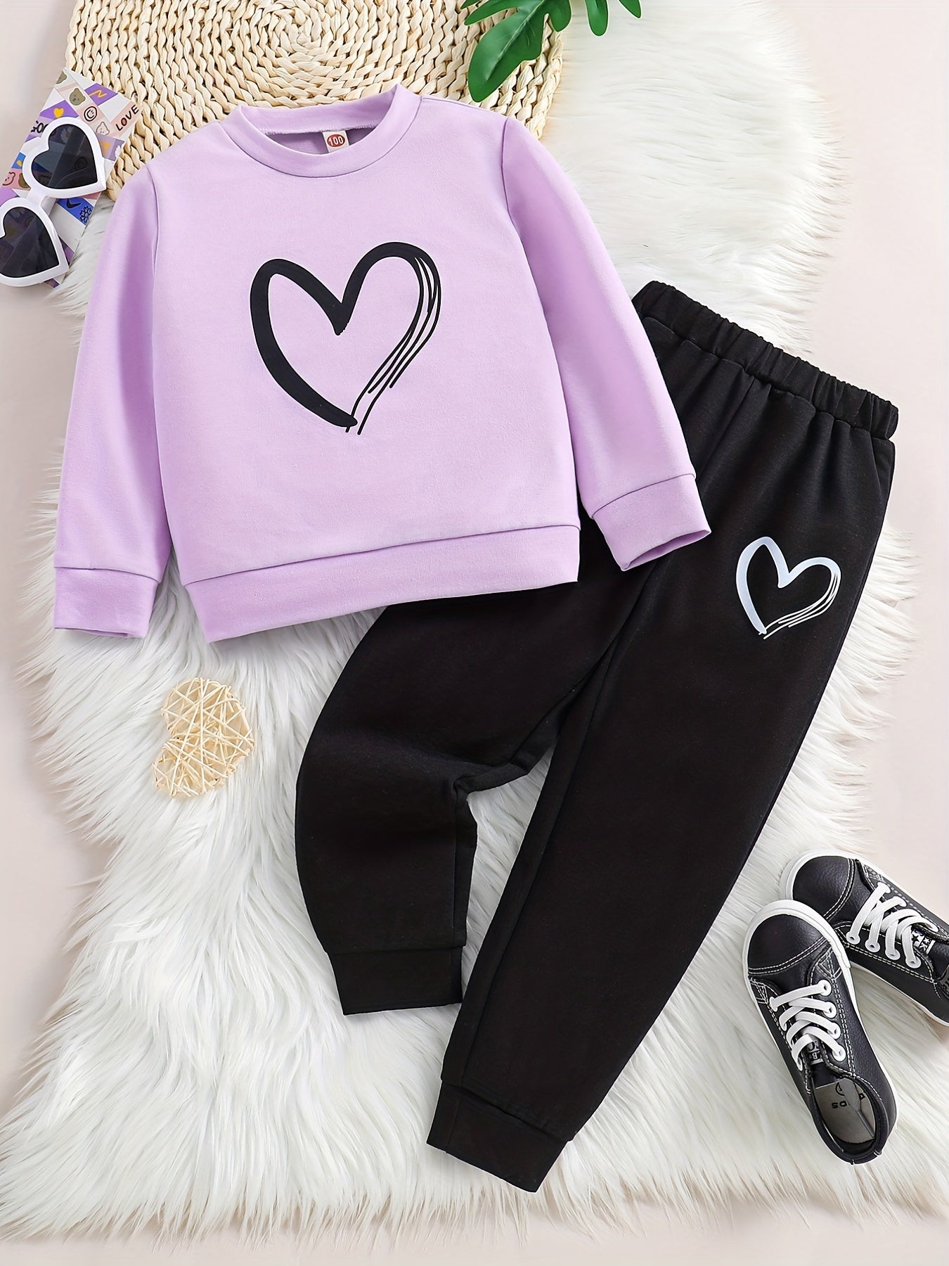 Girl's 2pcs Sweatshirt & Sweatpants Set Love Heart Print