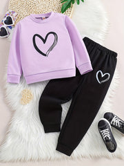 Girl's 2pcs Sweatshirt & Sweatpants Set Love Heart Print