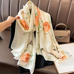 Leaf Print Satin Scarf Silk Shawl Women Head Wrap