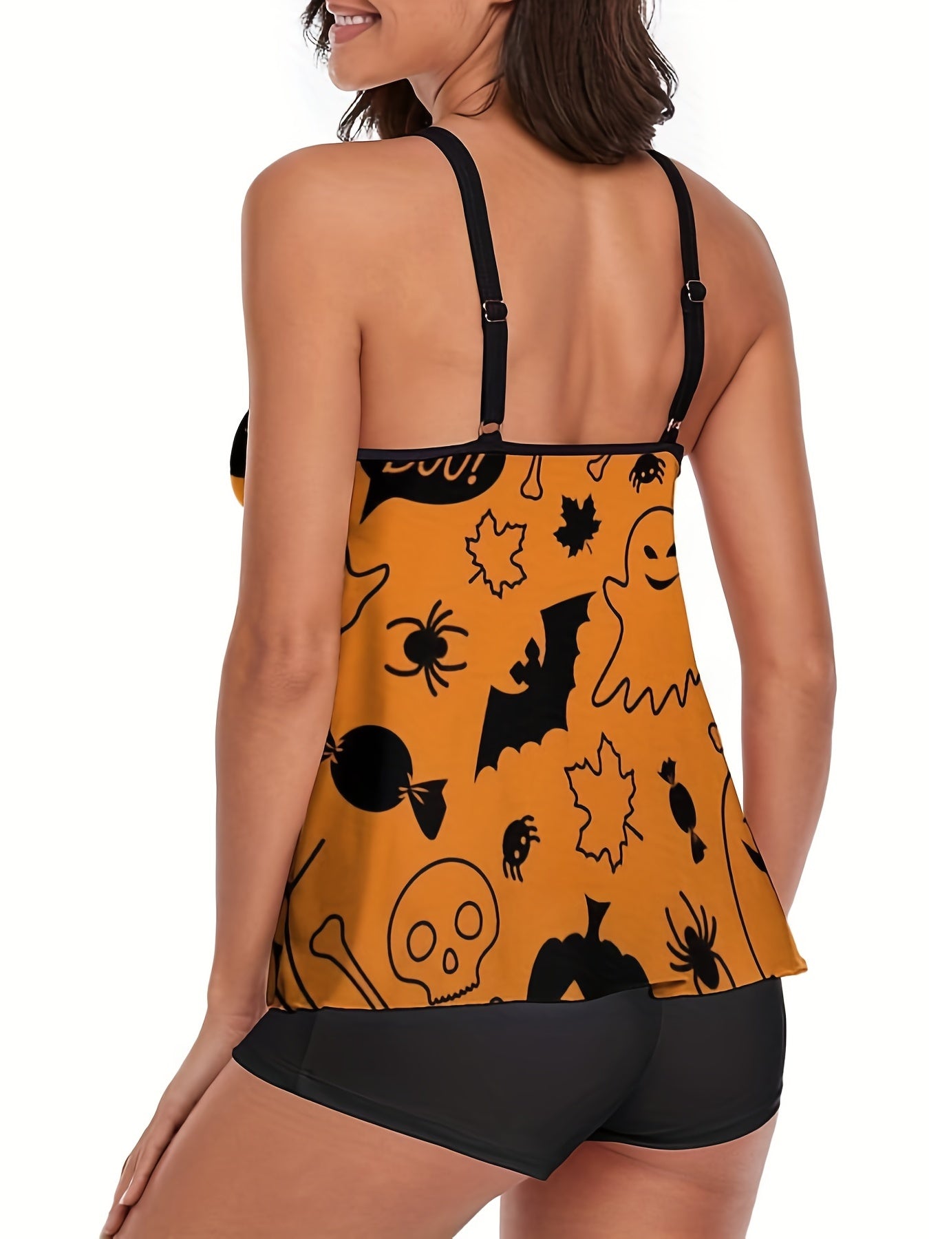Halloween Tankini Set Women's Plus Ghost & Pumpkin Print Swimwear