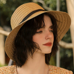 Vintage Ribbon Bowknot Straw Bucket Hat for Women