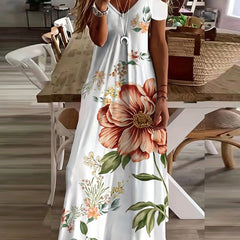 Floral Print Maxi Dress V Neck Casual Short Sleeve Lace Up