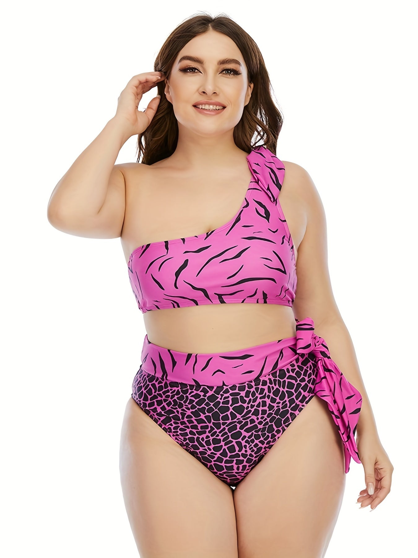 Women's Plus Crinkle Print Tie Shoulder Tankini Set