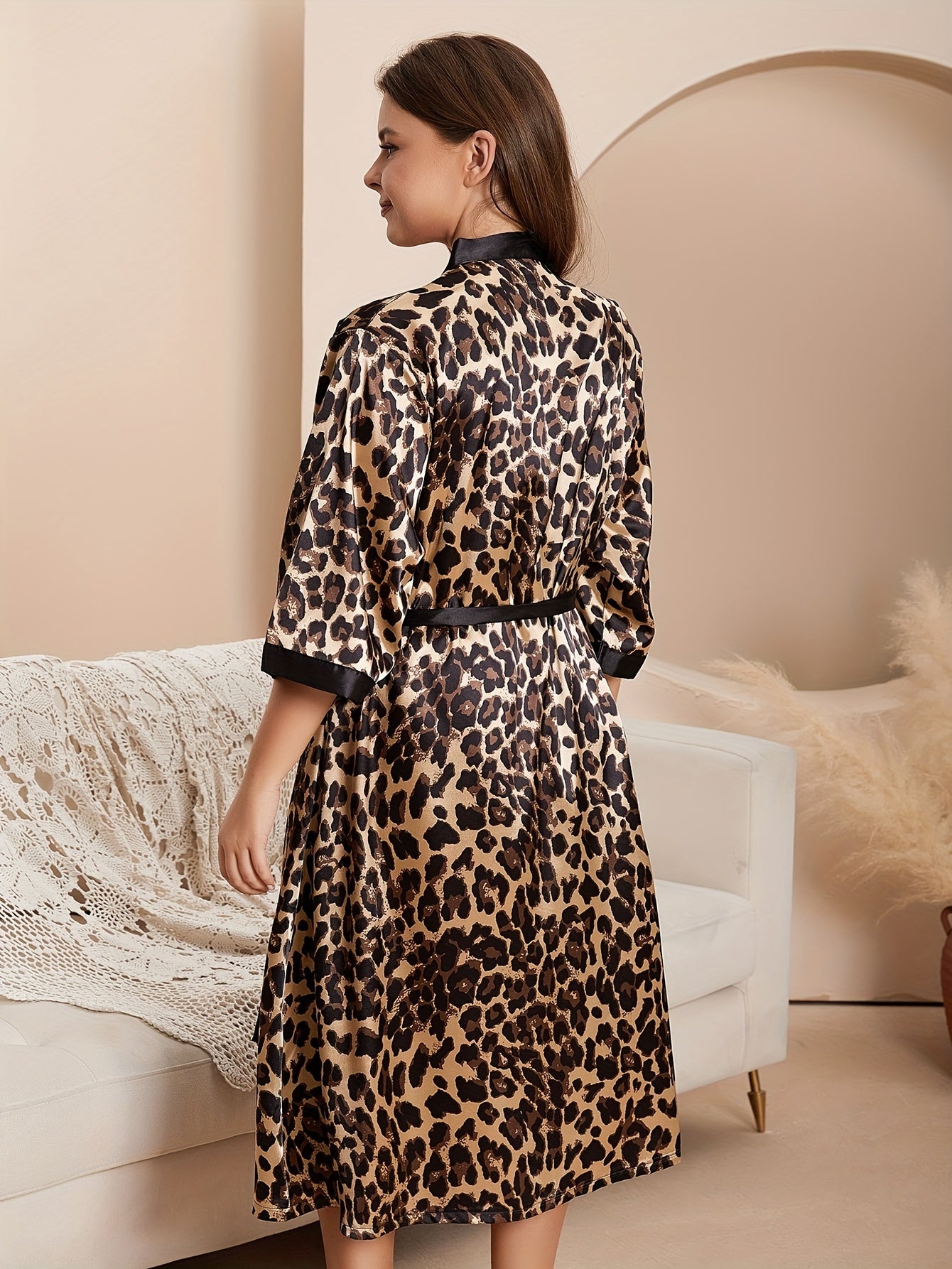 Leopard Print Night Robe 3/4 Sleeve V Neck Robe Women's Sleepwear