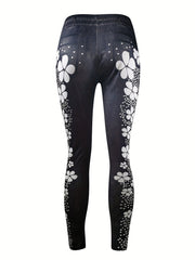 Denim Flower Print Sports Leggings High Waist Yoga Pants