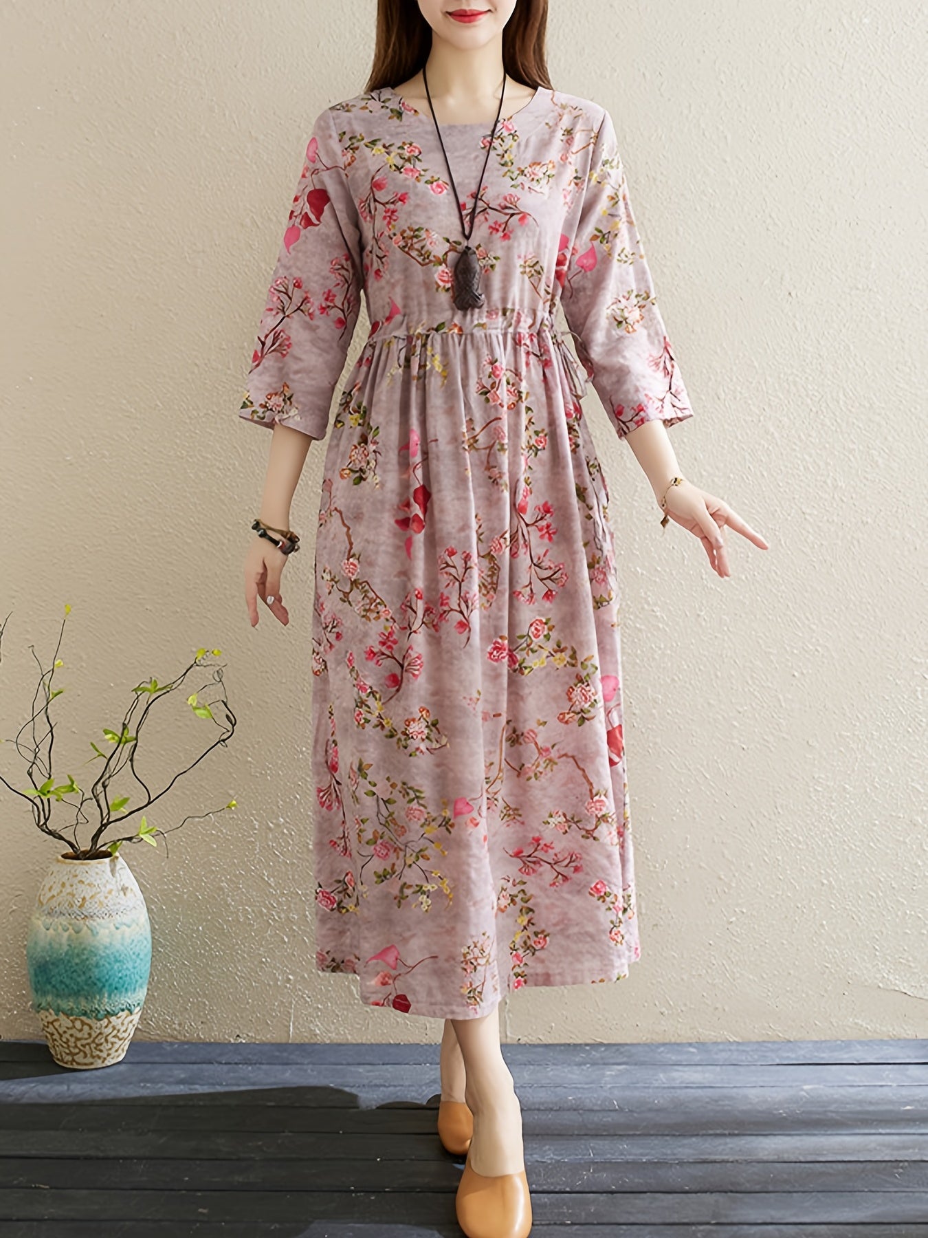 Vintage Floral Print Dress Crew Neck 3 4 Sleeve Dress Women's Clothing